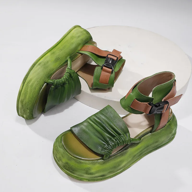 GKTINOO 6.5cm Cow Genuine Leather Fashion Summer Ankle Booties Round Summer Sandals Mary Jane Platform Wedge Buckle Women Shoes