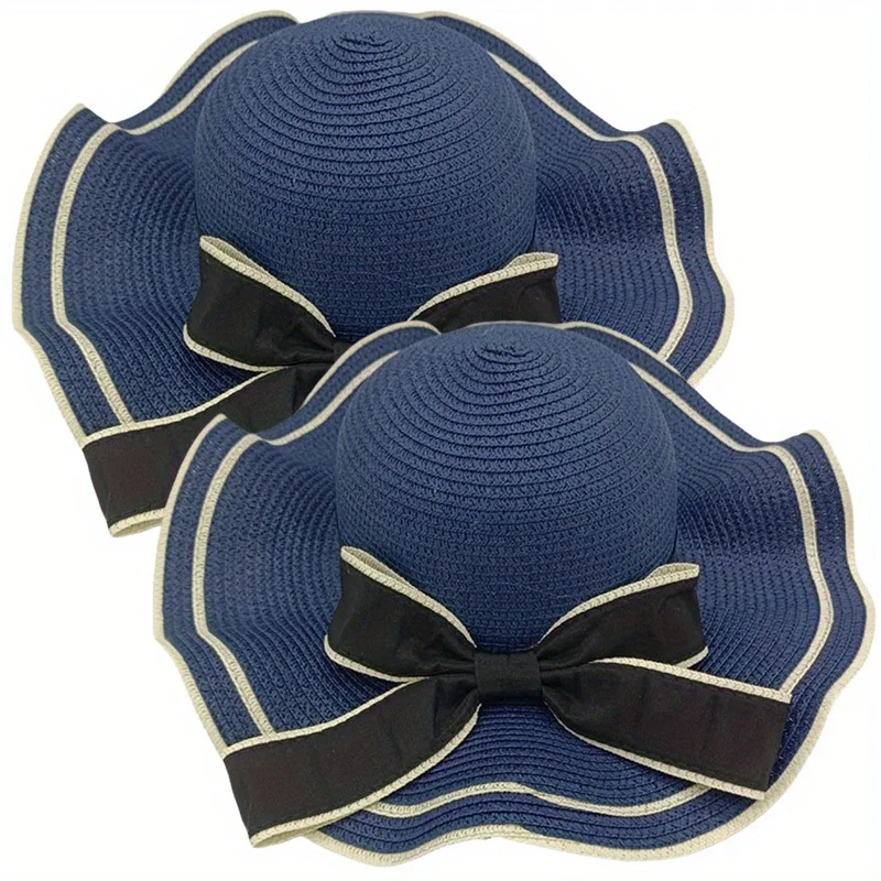 

Women's 2-Piece Set Beach Wide-Brimmed Fisherman's Hat Travel Vacation Summer Sun Hat with Wave-Edged Bow Bucket Hat