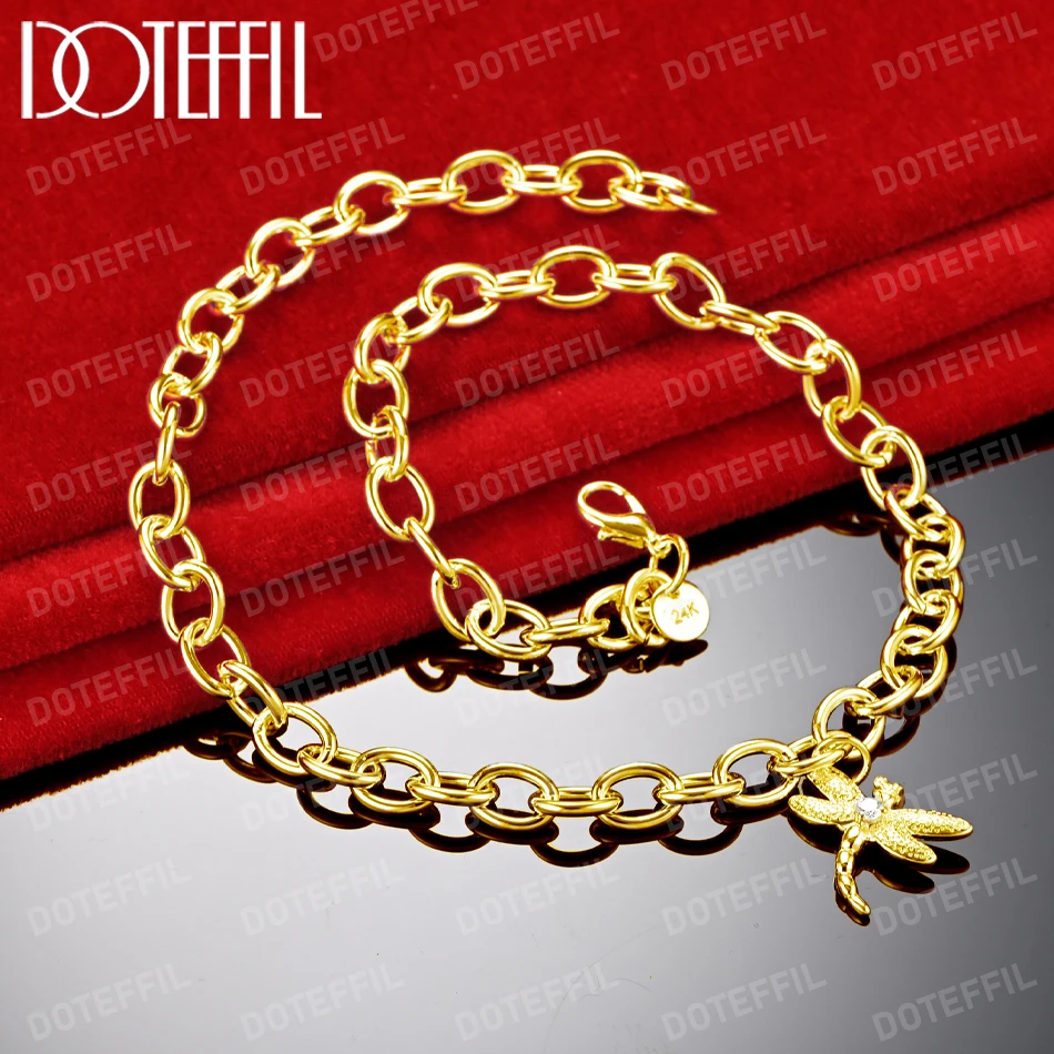 

DOTEFFIL 18K Gold Dragonfly Pendant 18 Inch Chain Necklace AAA Zircon For Women Wedding Engagement Fashion Jewelry