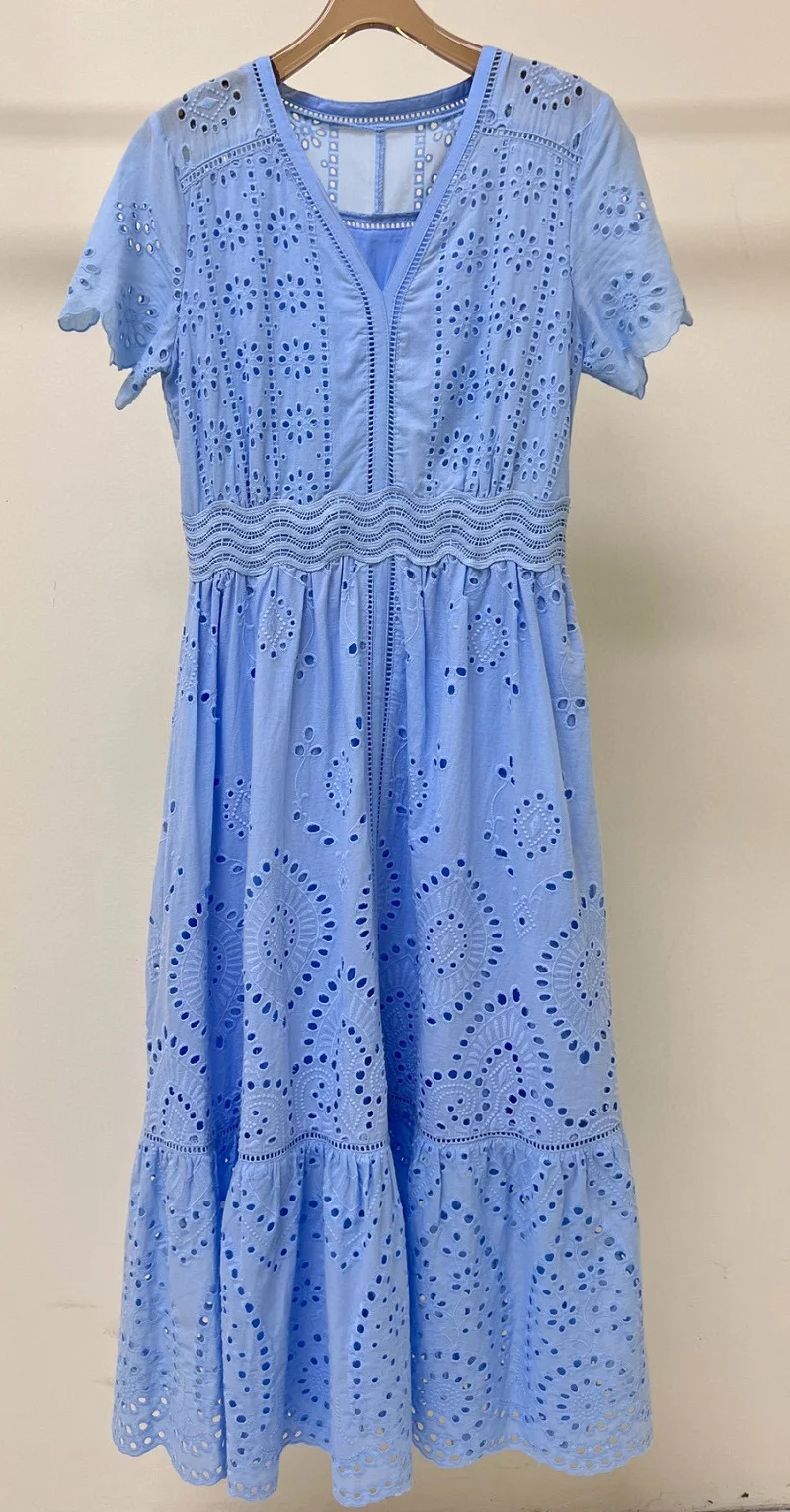 

New 2024 Summer Fashion Dress High Quality Women V-Neck Allover Hollow Out Embroidery Short Sleeve Mid-Calf Length Blue Dress