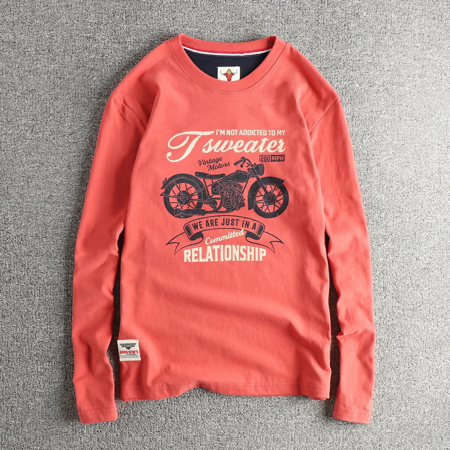 

Retro pattern trendy long-sleeved T-shirt men's wash cotton fur Autumn base shirt