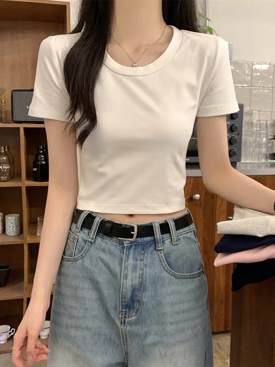 

Женская футболка Kumikumi Basic Color Simple с круглым вырезом и коротким рукавом, летняя, приталенная, универсальная, стильная.