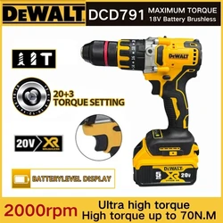 DeWALT-taladro eléctrico inalámbrico DCD791, herramientas eléctricas con batería de 20V, martillo de impacto sin escobillas, destornillador de mandril de 13MM