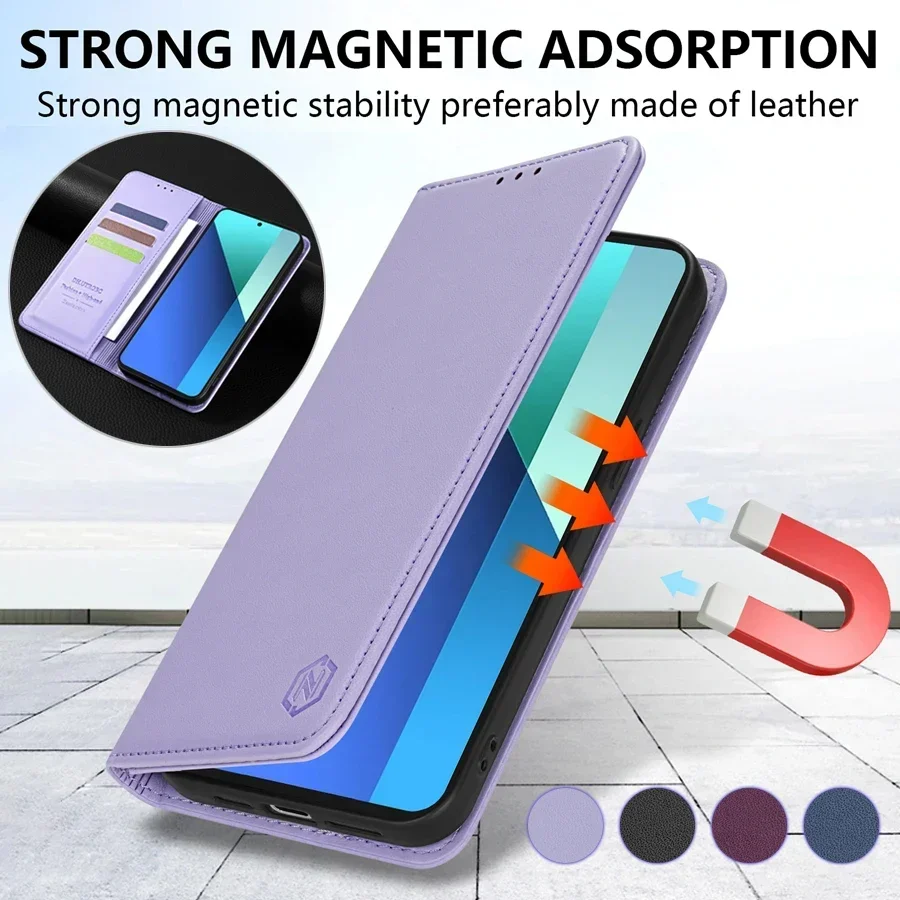 Wallet Skin Friendly Strong Magnetic Card Slot Flip Leather Case For Xiaomi Redmi Note 13 Pro+ 12 12S 11 11S 10 9 Pro 8T 7 Cover