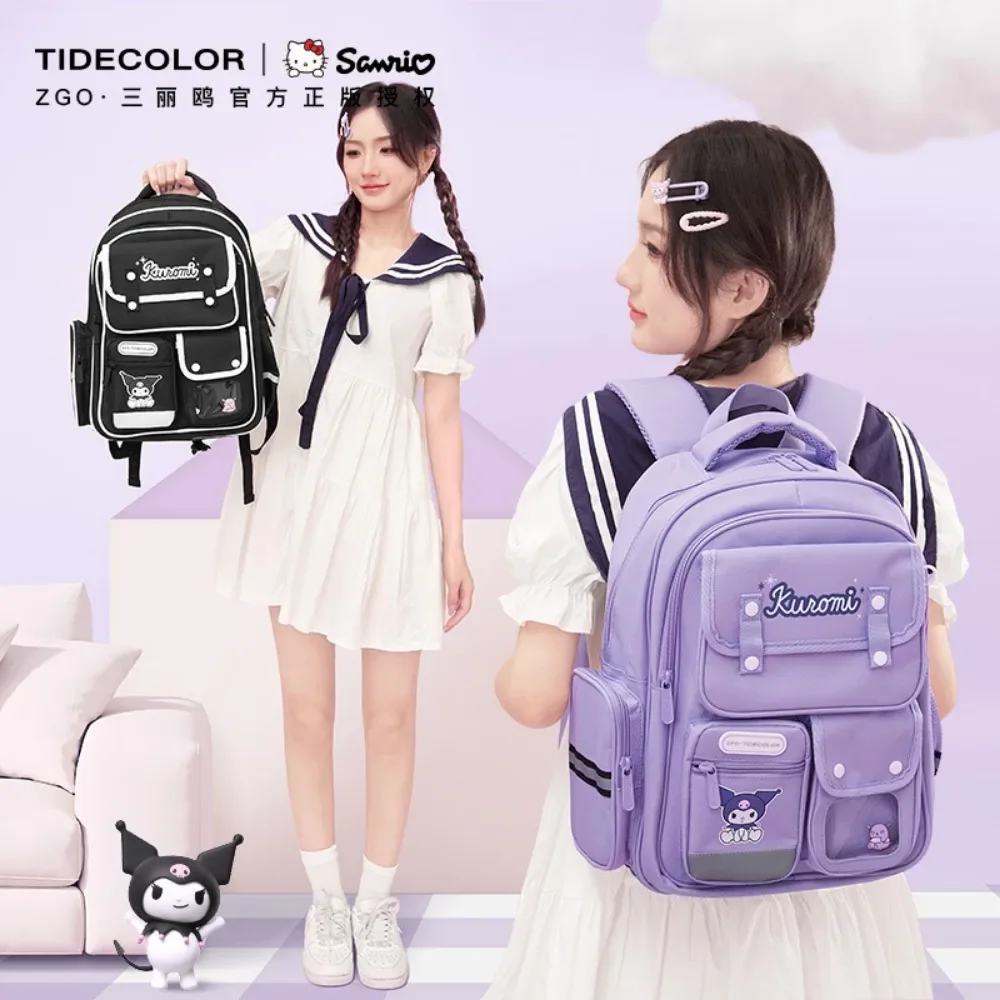 Genuine Sanrio Schoolbag para Crianças, Kuromi Elementary School Backpack, Proteção da Coluna para Reduzir o Estresse, Meninas