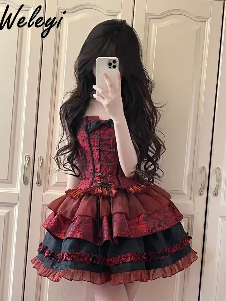 Escuro halloween lolita 3 peças conjunto doce vermelho jacquard bandagem arco banheira topo e curto magro manga bolha jaqueta bolo saia curta