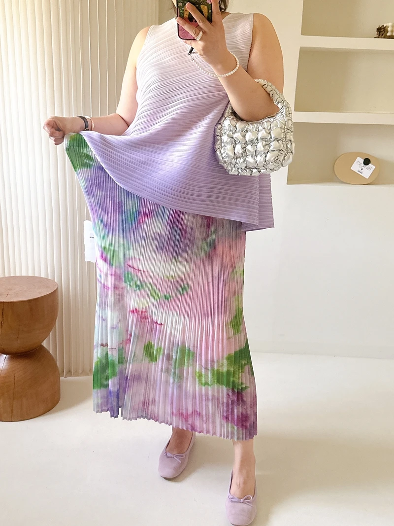 

Летняя плиссированная юбка фиолетового цвета с цветочным принтом для женщин, свободного кроя, с высокой талией, средней длины, для повседневной носки, для работы, дома и отдыха