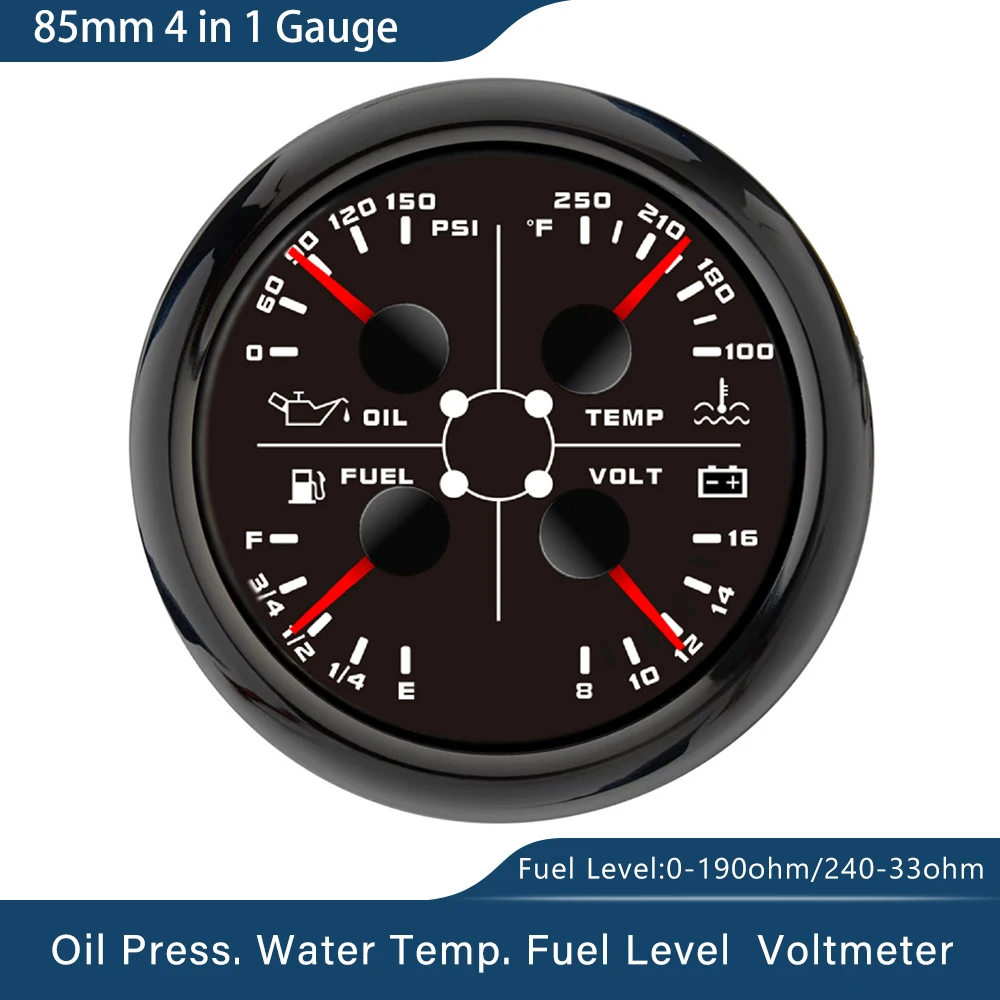 Impermeabile 85mm 4 in 1 manometro pressione olio temperatura acqua voltmetro livello carburante con allarme luce per auto barca Yacht