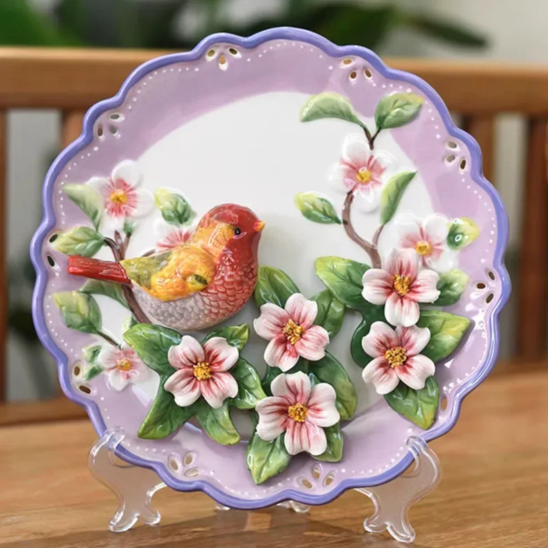 Pastoral Style Ceramic Relief Painting Decorative Plate Handicraft Gift Home Decoration European Wall Decoration