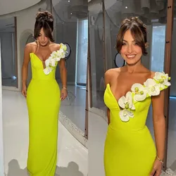 Aleeshuo Saudi Arabia Satin Prom Dressess Mermaid Pleat Flowers Evening Dress One-Shoulder Formal Floor-Lengthفساتين  Customized