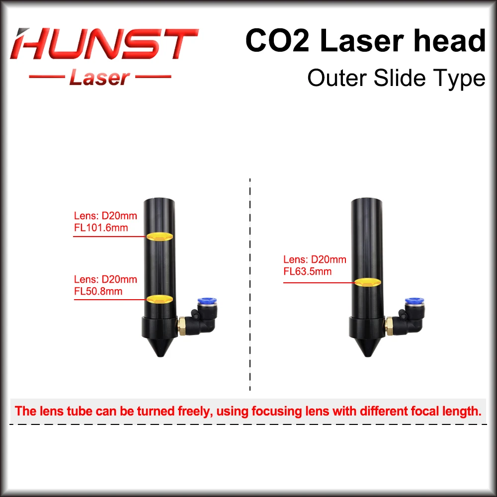 Cabeça exterior do laser do trilho do Hunst-CO2, lente de D25 mm, diâmetro 20mm, FL 50,8, 63,5, 101,6mm, D25 mm, espelho, tipo da corrediça com bocal da assistência do ar