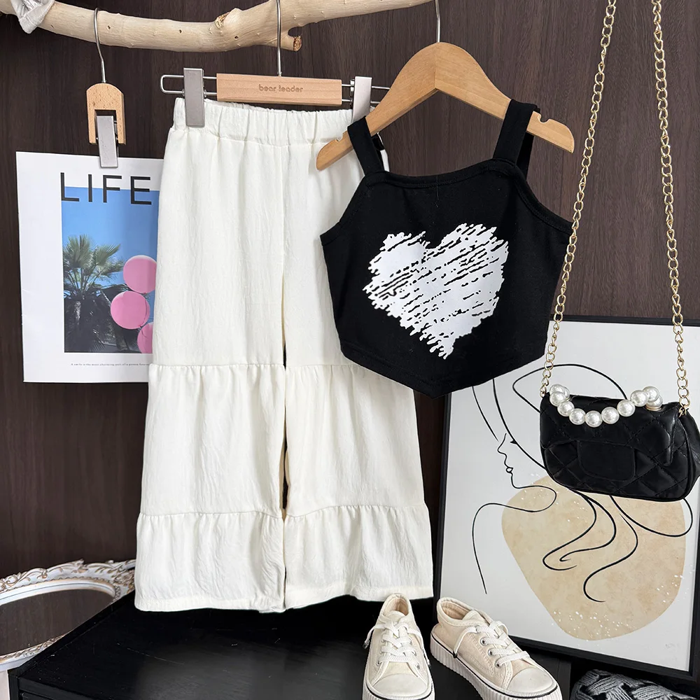 Kids Clothes Girls Black Strap Love Print+Beige Wide Leg Pants Two Piece Set Korean Version of Summer Casual Children's Clothing