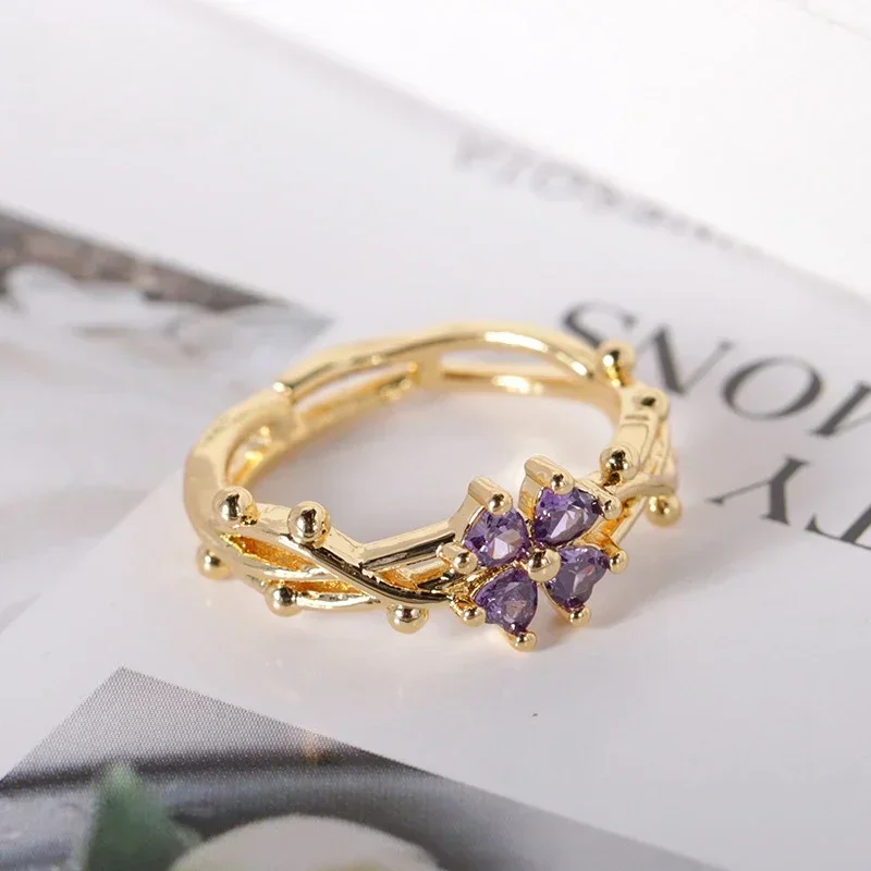 

Luxury Purple Four Leaf Crystal Flower Adjustable Rings for Women Exquisite Gold Color Stainless Steel Finger Jewelry Colorfast