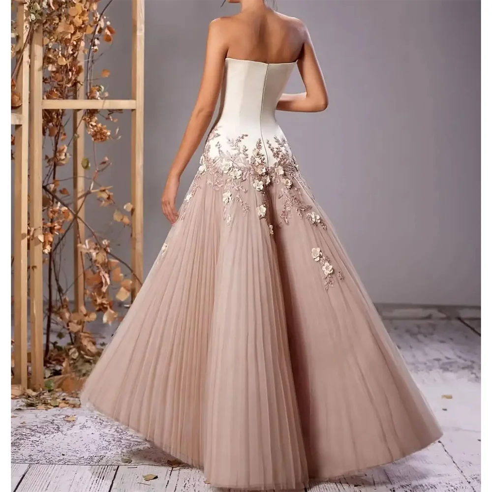 Eenvoudige avondjurken strapless mouwloze bloemen a-lijn avondjurken enkellange galajurken jurk op maat 2025,