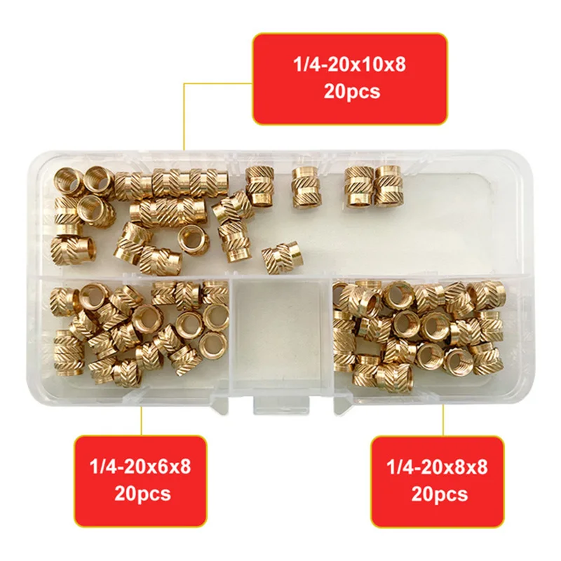 60PCS/set 1/4-20 Insert Nut Inch Size Brass Threaded Heat Knurled Hot Melt Molding Injection Embedded Copper Nut of 3D Printing