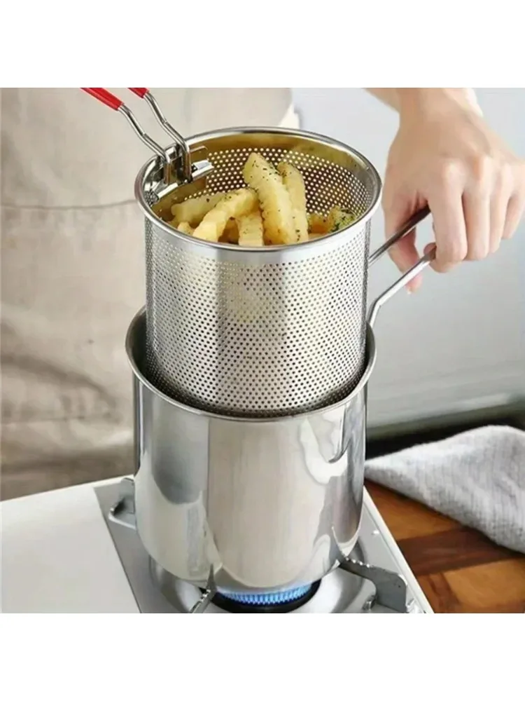 stainless steel fryer with French fries and chicken wings, household small oil pot with filter screen, Tianfu Luo pot