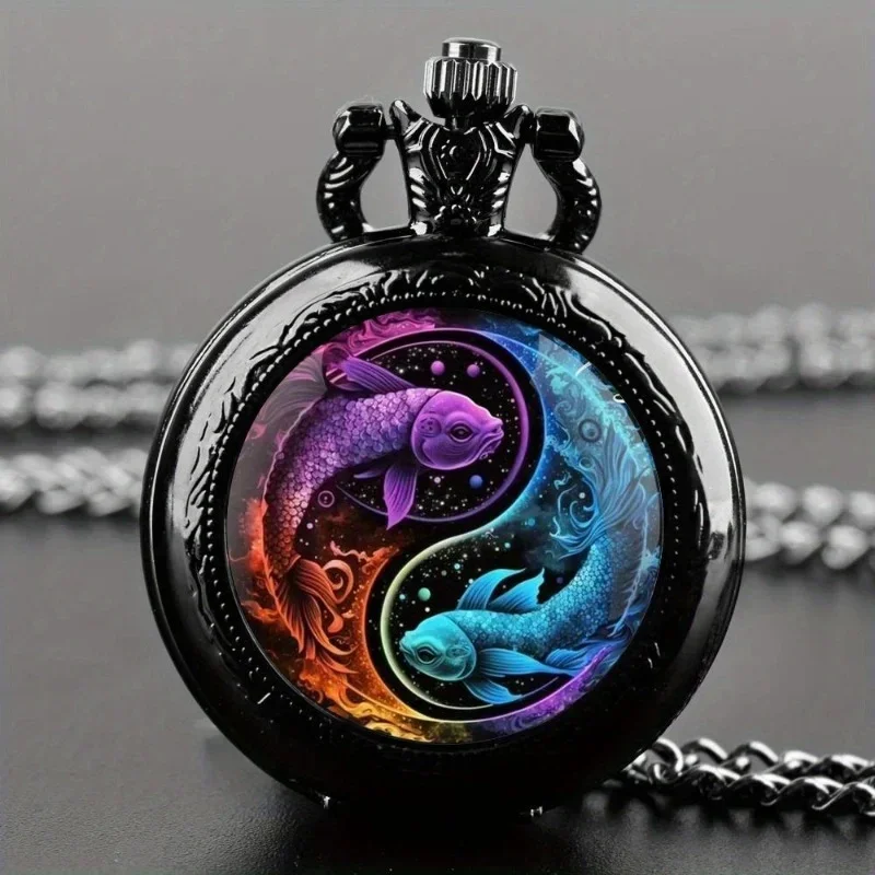 AAAColorful pattern pocket watch flip decoration necklace, personalized quartz pocket watch blind box for male and female view 5