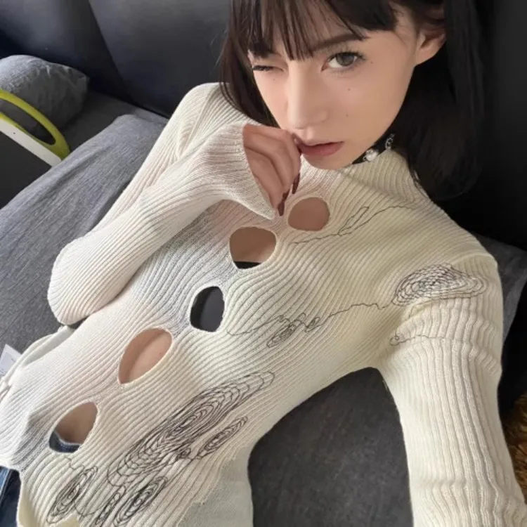 American Sexy Hollow Out Thin Sweaters 2024 New Slim Fit Knitted Tops Women Y2k E-Girl Long Sleeve Print Pullovers Mujer