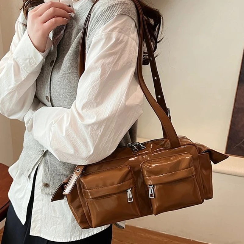 

American Style Vintage Fashion Waxed PU Leather Multiple Pockets Large-capacity Shoulder Bag Tote Bags Women Bag Purse Satchels