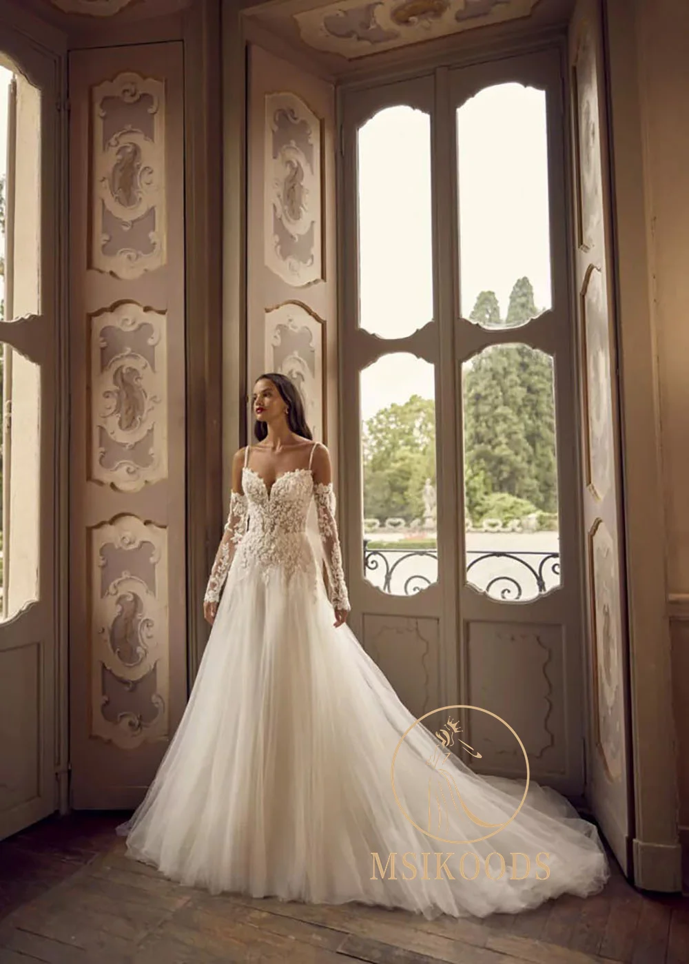 Msikoods Romantic A Line Bridal Dress Lace Applique Luxury Wedding Dresses 2025 Tulle Train Long Sleeve Brides Gown Customized