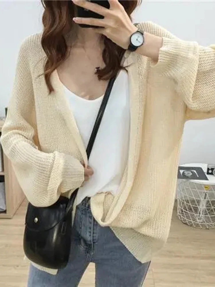 Protetor solar de seda gelo fino malha casaco solto casual oco para fora cardigan feminino verão básico elegante coreano malhas topos novo