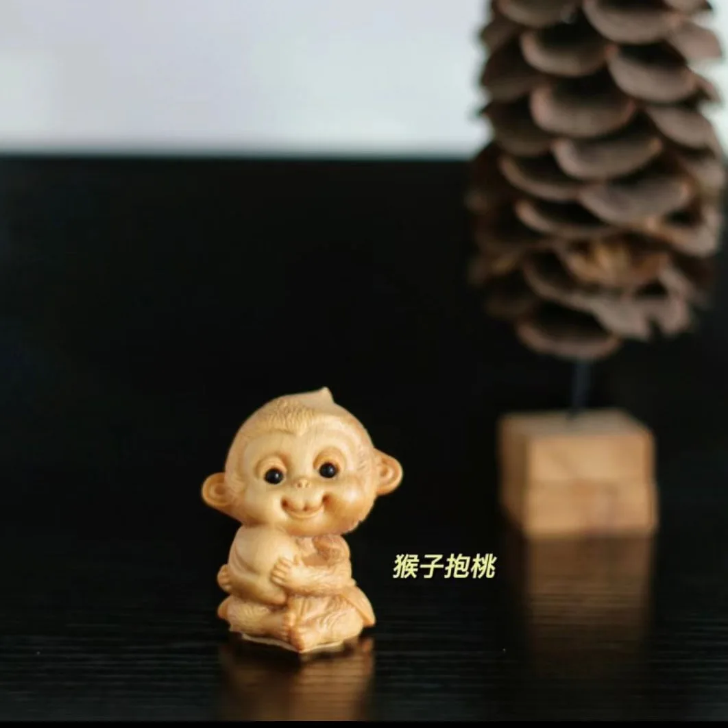 Wooden Zodiac Monkey Figures Ornaments Fun Cute Holding Peach