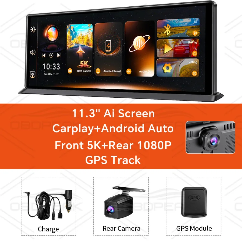 K8 Pro Auto DVR Camera 5K 11.3" Dashcam GPS Navigatie Draadloze CarPlay Android Auto Nachtzicht AUX Mirror Link Loop Recording