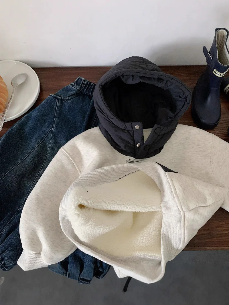 Winter Children Padded Warm Sweatshirt Autumn Kids Thick Plus Velvet Hooded Pullover Tops Boys Girls Fashion Letter Hoodies 1-6Y