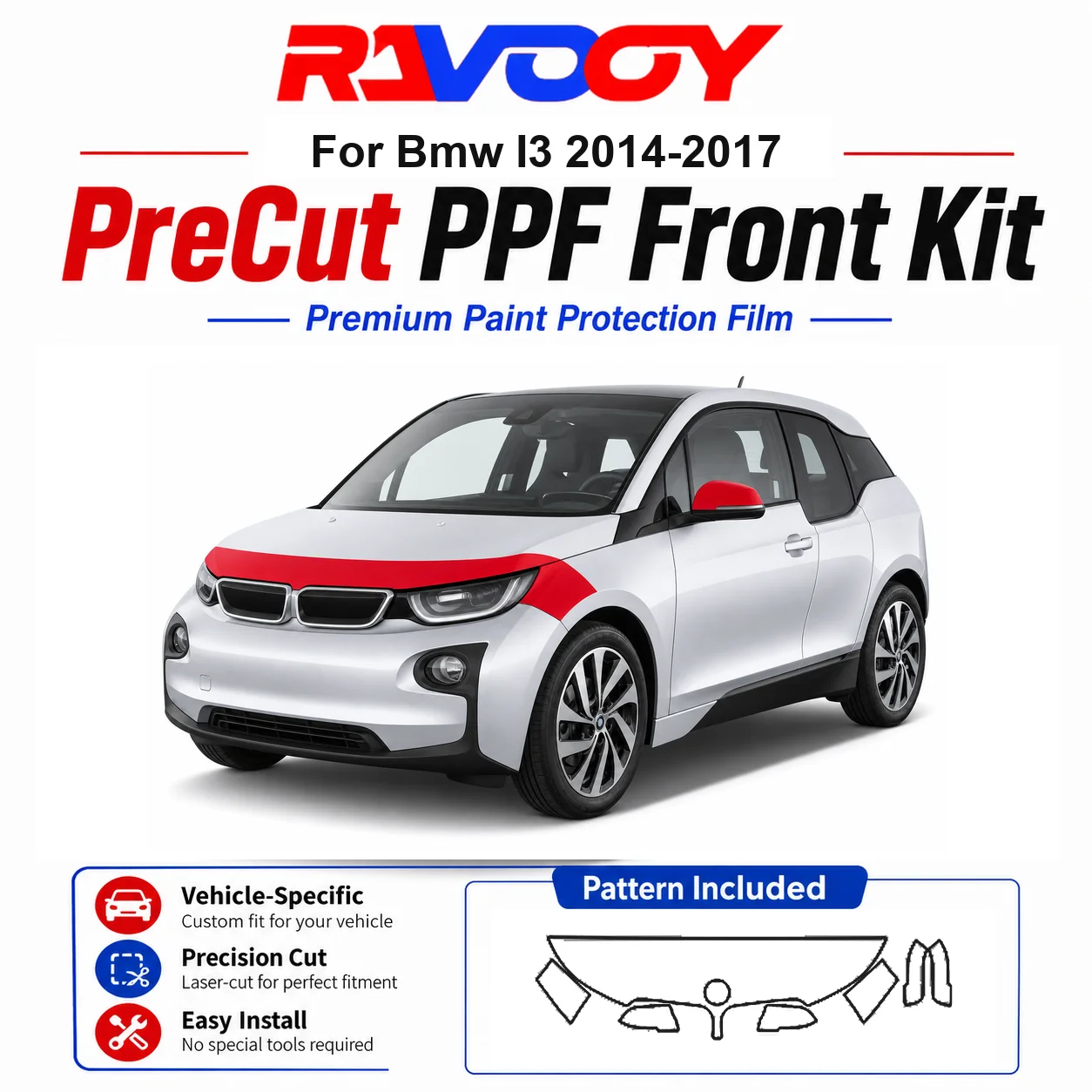 

8.5mil TPU Precut PPF Kit For BMW I3 2014-2017 - Hood, Partial Fenders & Full Mirror Set - Self-Healing Gloss Clear Bra Film