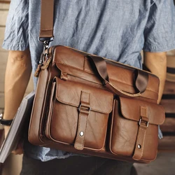 New Computer Handbag European and American Vintage Genuine Leather Crossbody Shoulder Bag Men's Briefcase Business Case