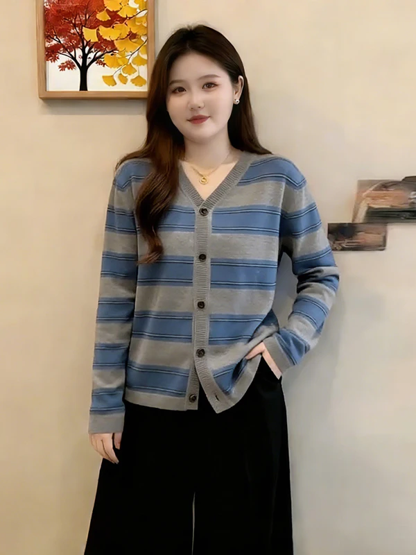 

plus Size Women's Korean Sle Striped Long Sve Knitted Open Cardigan Spring 2026 Loose Base Layer Top Slimming Effect