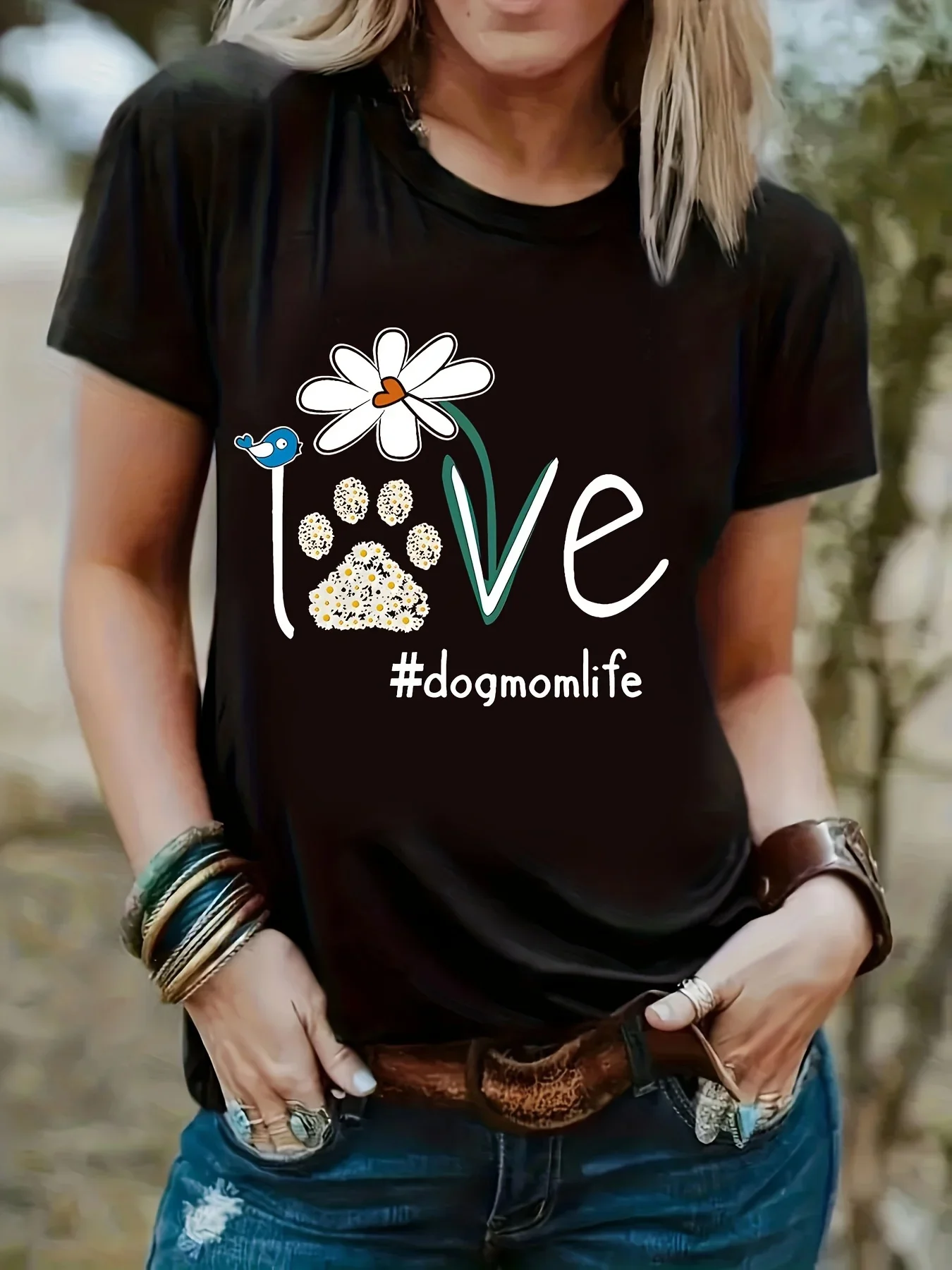 Women's Floral Paw Print T-shirt-Spring and Summer Casual Short Sleeve Top