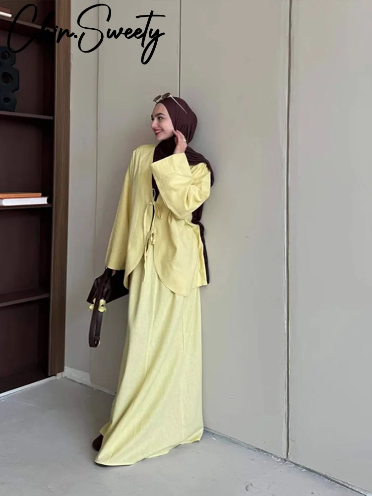 

Модные женские рубашки, юбки, костюм с длинным рукавом и v-образным вырезом на шнуровке, свободные женские комплекты, лето-осень 2022, элегантный женский комплект из 2 предметов