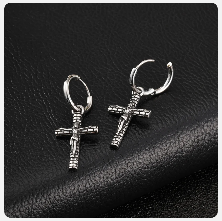 Vnox Edelstahl Jesus-Kreuz Ohrhänger für Männer und Frauen, Zirkon-Kreuz Durchziehohrringe, Gotischer Punk Glaubensschmuck für Unisex – Detail 5