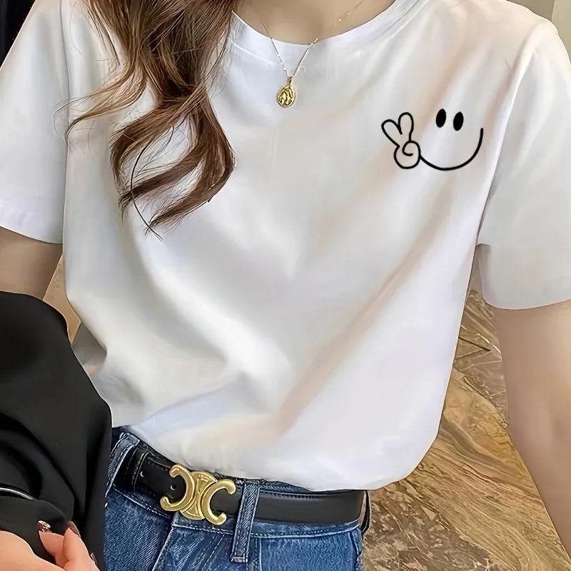 

Smile Print Round Neck T-shirt Casual Short Sleeved T-shirt Spring/summer Women's Clothing Hop Casual Fashion Women's Clothing
