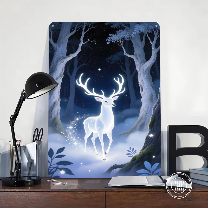 Glowing Deer in Enchanted Forest Tin Plaque Poster Customized Retro Wall Art Vintage Metal Signs for Room Bathroom Decor Home