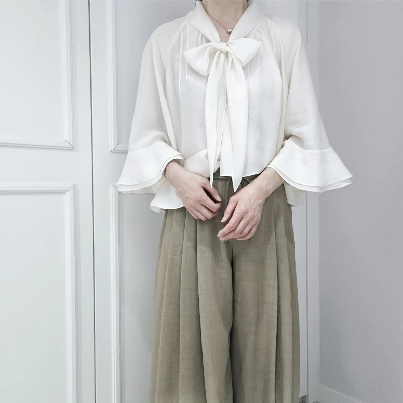 

Romantic Loose Women's irt with Flounce Sve And Sa French Sle Seven Sve Regular Length Pure Color Spring Faion