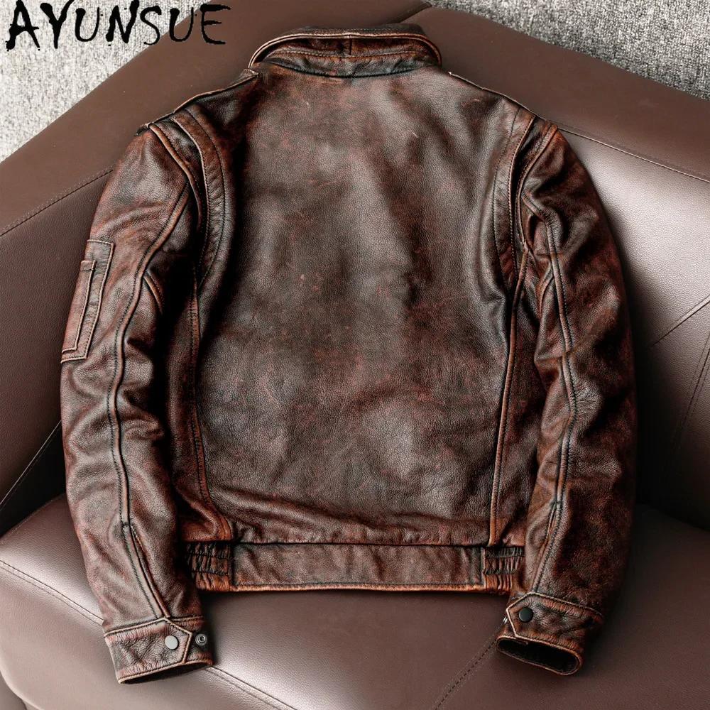 AYUNSUE chaqueta de cuero de vaca auténtico para hombre, abrigos cortos Vintage de piel de vaca, abrigos de cuero genuino a la moda para otoño, chaqueta Bomber para hombre, Chaquetas