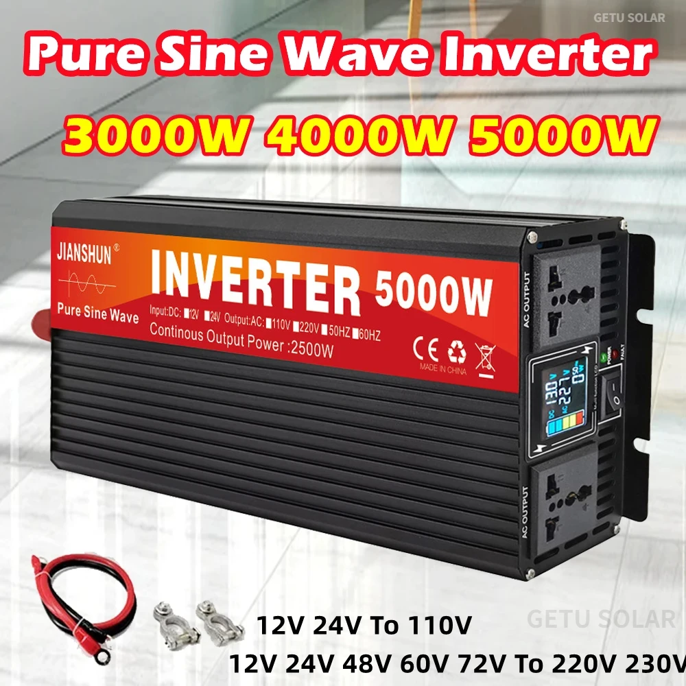 

Pure Sine Wave Inverter 12V 24V 48V 60V to 220V 110V 3000W 4000W 5000W Double Socket Voltage Converter LCD Display Car Inverter