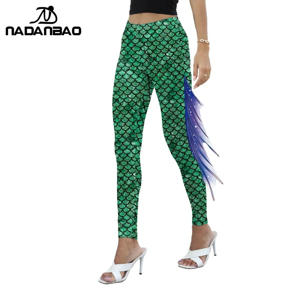 NADANBAO 女性マーメイドプリントレギンス女性のための魚の鱗 3D パターンパンツミッドウエストファッションズボン夏のファッション水着