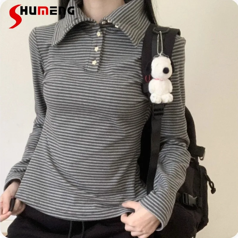 

Three-Color Striped To Tees 2025 Autumn Winter Brushed Turn-Down Collar Handmade Button Long Sleeves Inner T-shirt Pullover Girl