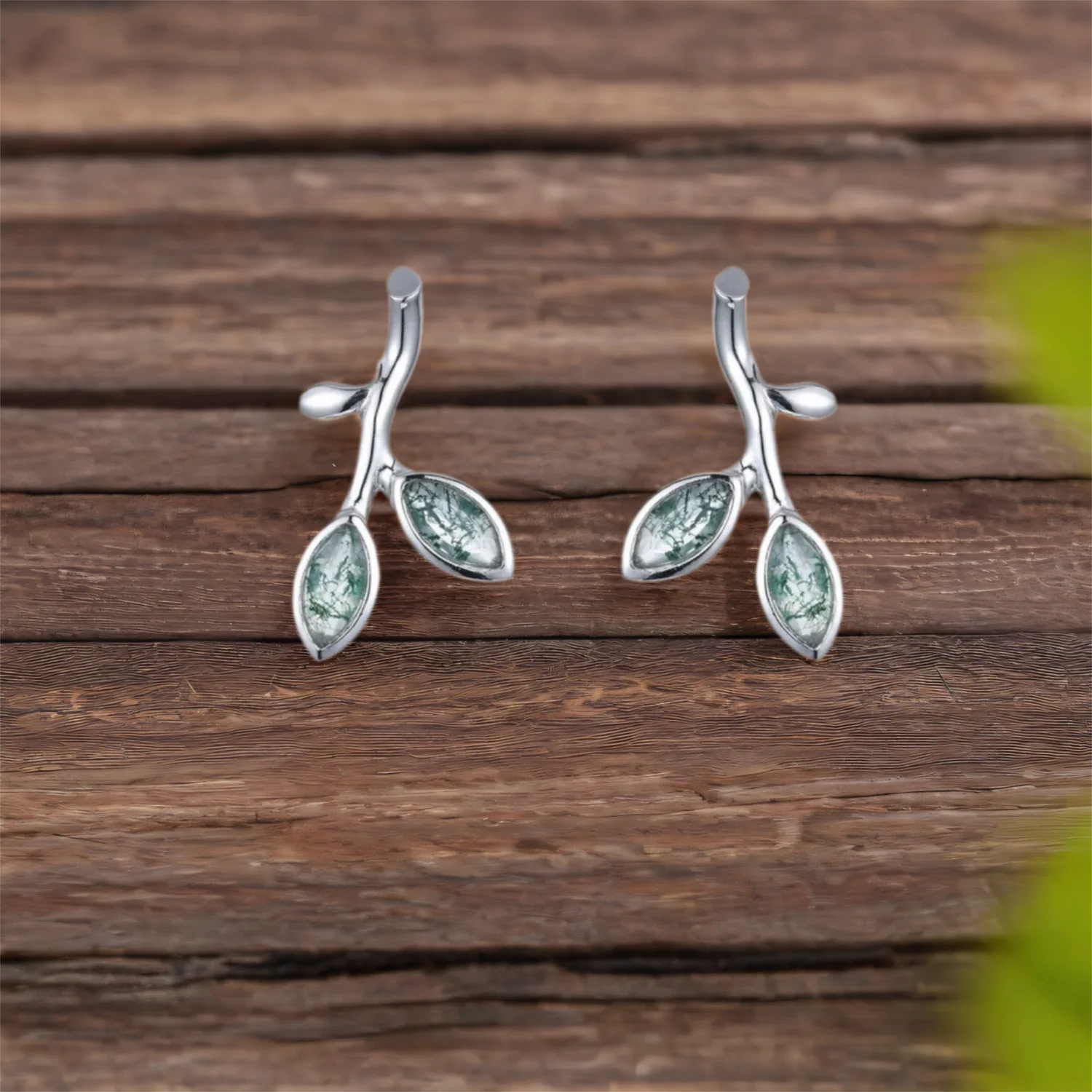 

Nature Inspired Leaf Branch Stud Earrings Marquise Cut Moss Agate Earrings for Ladies Gift Party