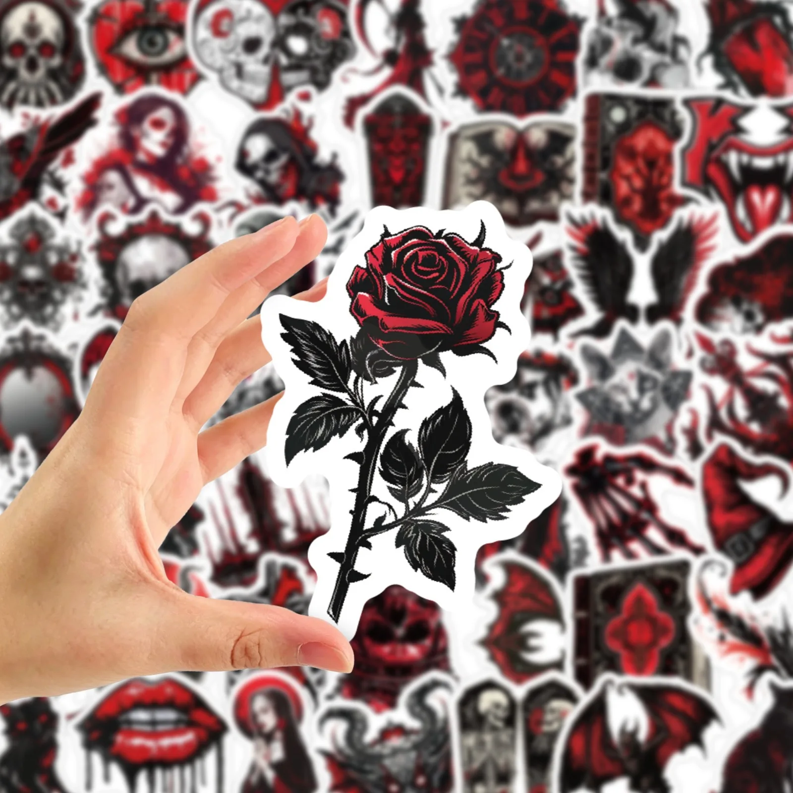 50Pcs Red Gothic Skull Stickers Horror Thriller Halloween Decals Spooky Skeleton Stickers for Laptop Notebook Water Bottle Scrap