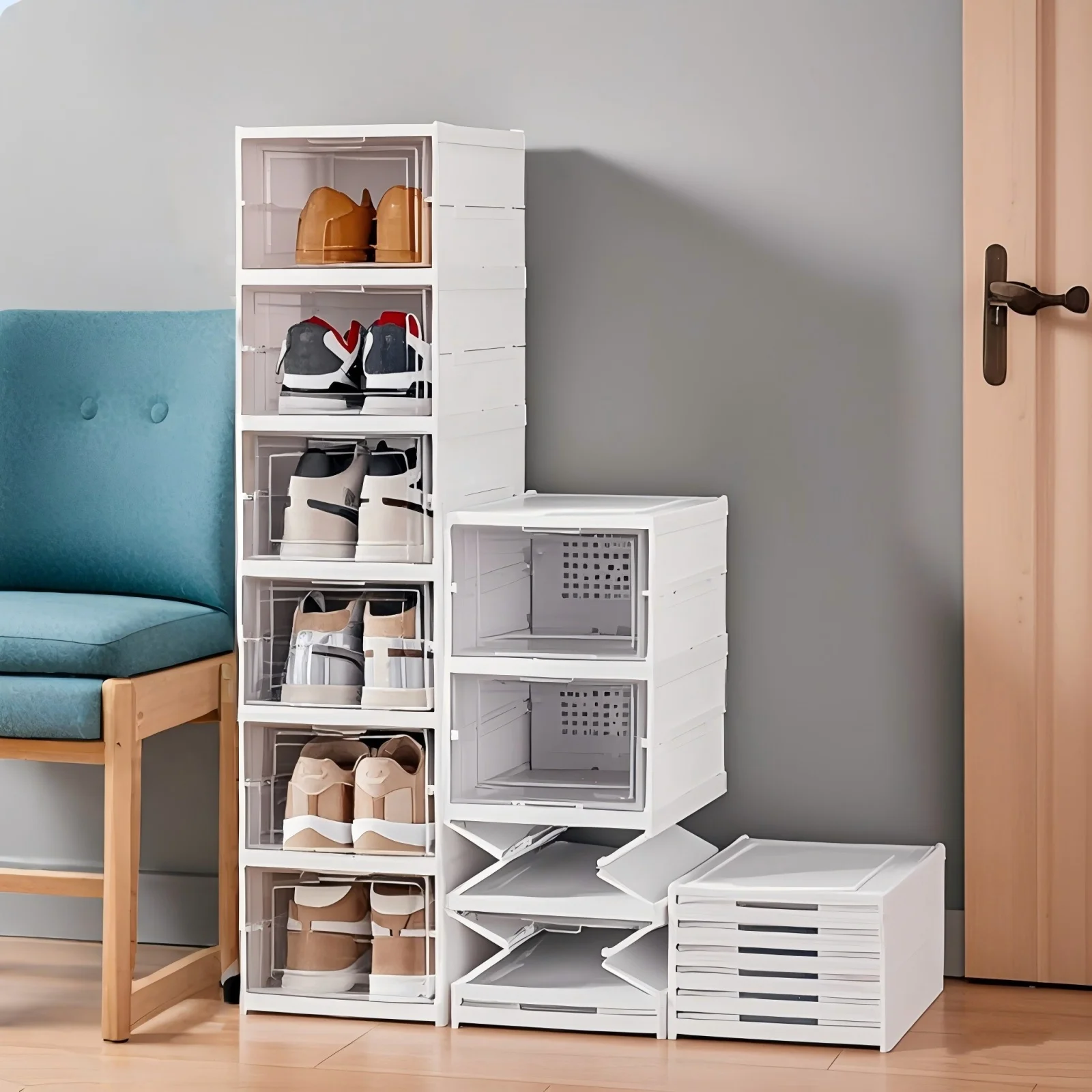 Boîte de rangement de chaussures pliable transparente, organisateur de chaussures, armoire empilable anti-poussière, armoire haut, étagère à chaussures