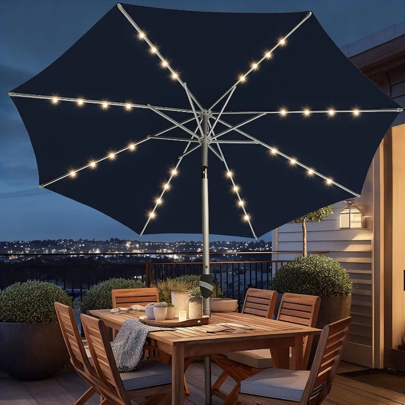 

9 Ft Patio Umbrella with Solar LED Lights, 5-YEAR Fade-Resistant Aluminum Outdoor Table Umbrella with Tilt Adjustment