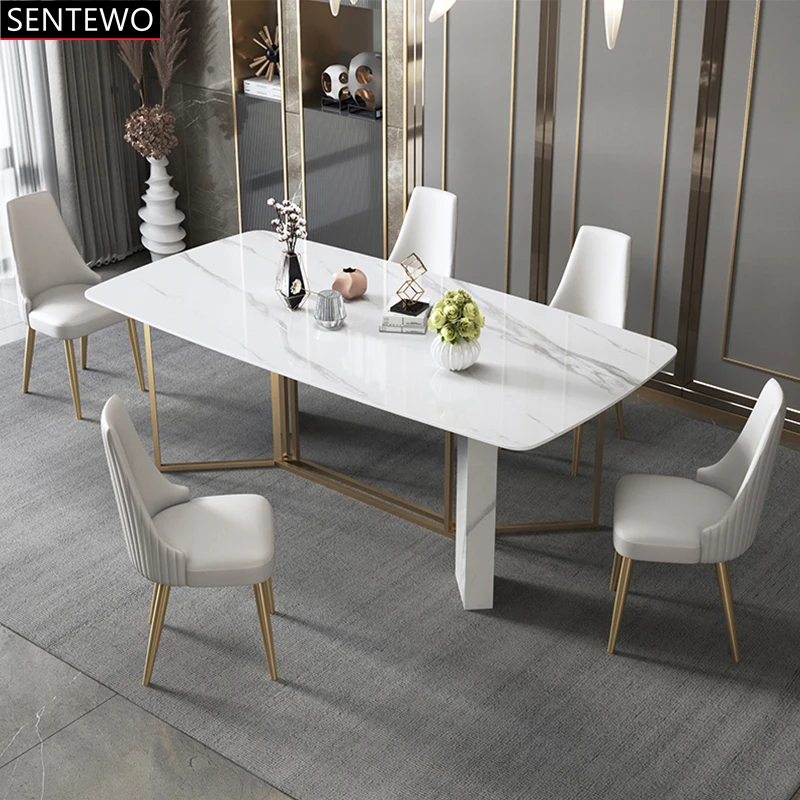 SENTEWO Ltalian Luxury Marble Kitchen Dining Table And 8 Chairs Set Stainless Steel Gold Base Kitchen Furniture Stolik Esstische