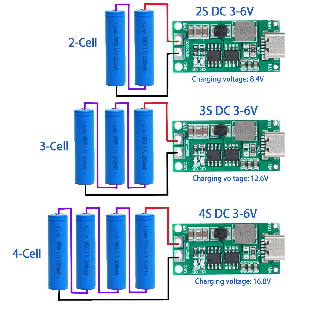 Multi-Cell 2S 3S 4S Type-C To 8.4V 12.6V 16.8V Step-Up Boost LiPo Polymer Li-Ion Charger 7.4V 11.1V 14.8V 18650 Lithium Battery