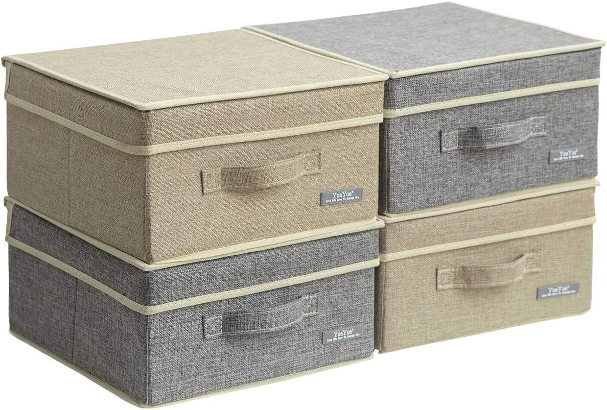 4 Pack Small Fabric Storage Box with Lids, Foldable Linen Storage Box with Lids 4 Pieces Gray&Linen Set 12.4in/12in/6.7in