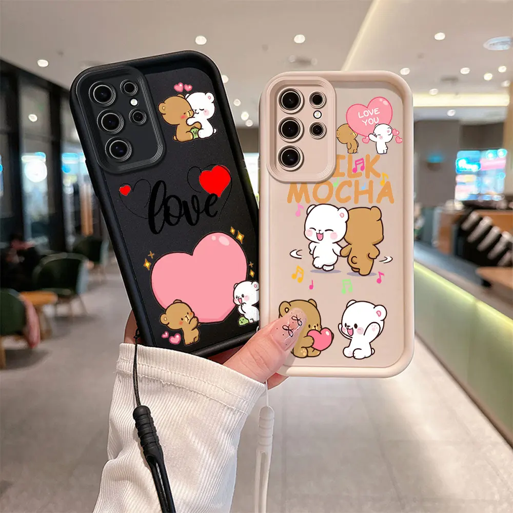 Cute Panda Dudu Bubu Phone Case for Samsung S24 S23 S22 S21 S20 FE Plus NOTE 20 Ultra 5G Soft Silicone TPU Cover with Hand Strap