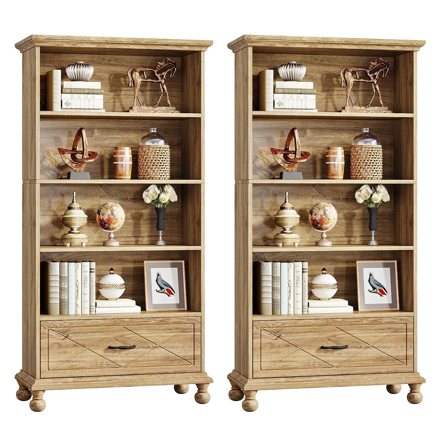 6-Shelf Bookcase Set Of 2, 71 Inch Tall Bookshelf With Drawer & Wood Legs, 6-Tier Display Storage Shelves For Home, Customized